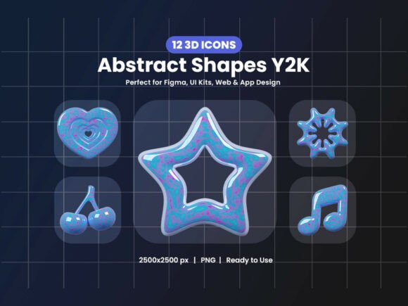 3D Abstract Shapes Y2K Icon Set: Retro-Futuristic Design Made Easy