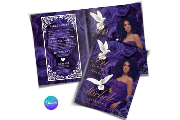8 Page Purple Rose Funeral Program